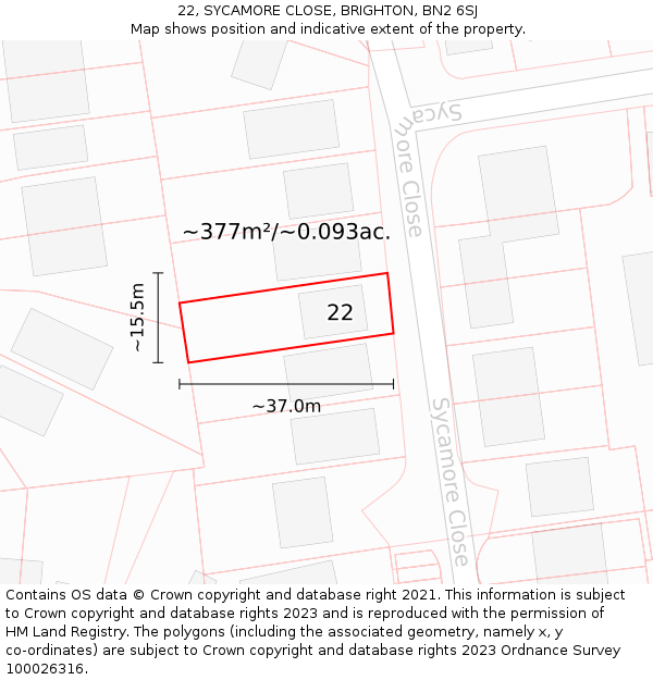 22, SYCAMORE CLOSE, BRIGHTON, BN2 6SJ: Plot and title map