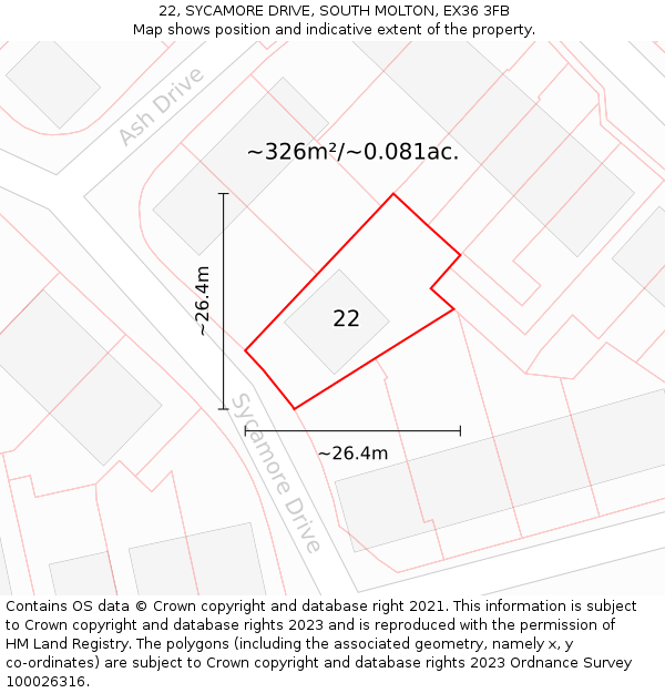 22, SYCAMORE DRIVE, SOUTH MOLTON, EX36 3FB: Plot and title map