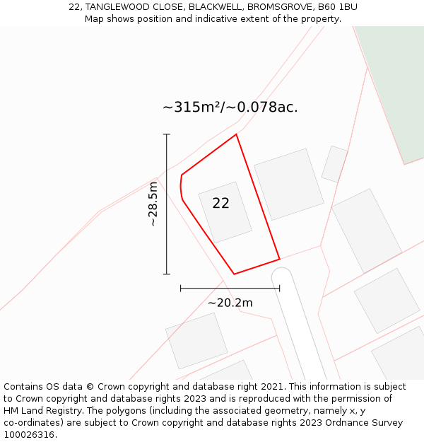22, TANGLEWOOD CLOSE, BLACKWELL, BROMSGROVE, B60 1BU: Plot and title map