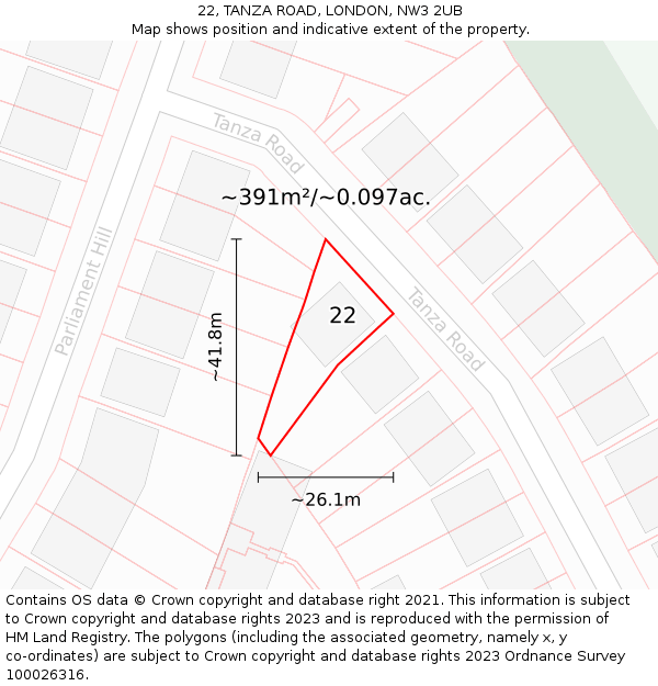 22, TANZA ROAD, LONDON, NW3 2UB: Plot and title map