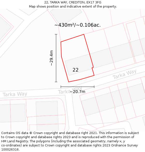 22, TARKA WAY, CREDITON, EX17 3FG: Plot and title map
