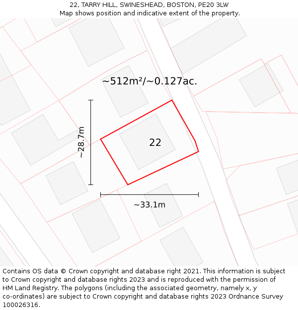 22, TARRY HILL, SWINESHEAD, BOSTON, PE20 3LW: Plot and title map