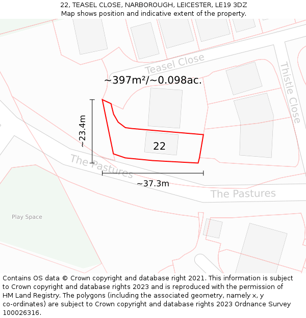 22, TEASEL CLOSE, NARBOROUGH, LEICESTER, LE19 3DZ: Plot and title map