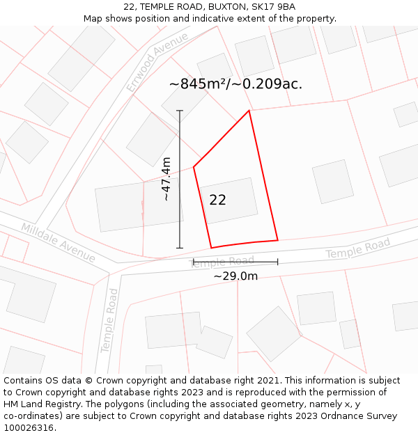 22, TEMPLE ROAD, BUXTON, SK17 9BA: Plot and title map