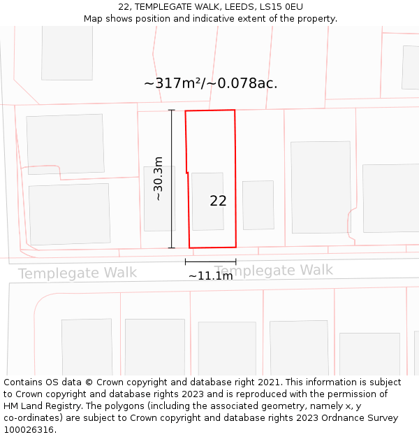 22, TEMPLEGATE WALK, LEEDS, LS15 0EU: Plot and title map
