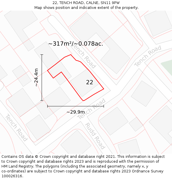 22, TENCH ROAD, CALNE, SN11 9PW: Plot and title map