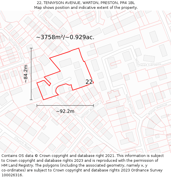 22, TENNYSON AVENUE, WARTON, PRESTON, PR4 1BL: Plot and title map