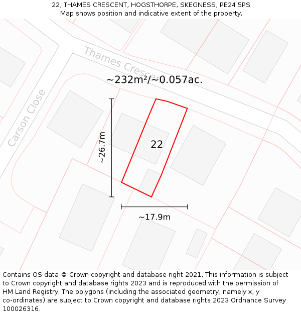 22, THAMES CRESCENT, HOGSTHORPE, SKEGNESS, PE24 5PS: Plot and title map