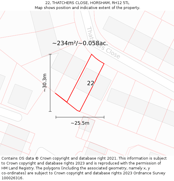 22, THATCHERS CLOSE, HORSHAM, RH12 5TL: Plot and title map
