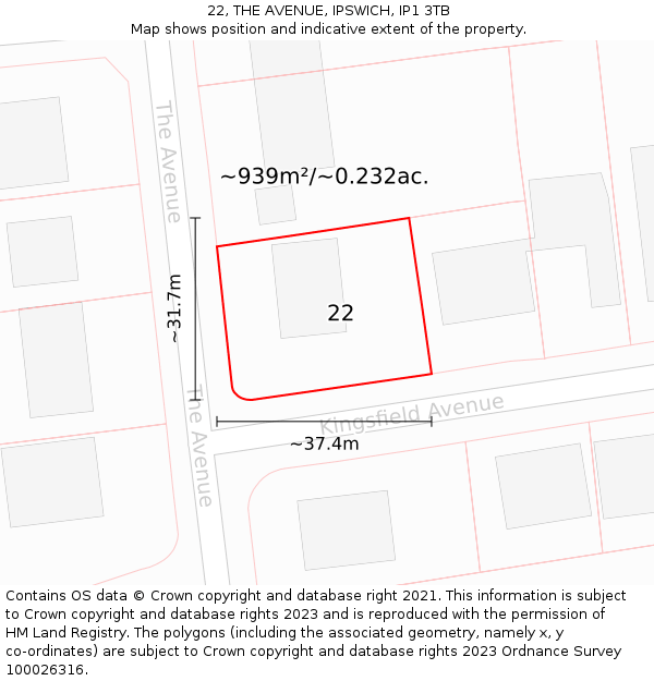 22, THE AVENUE, IPSWICH, IP1 3TB: Plot and title map