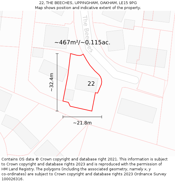 22, THE BEECHES, UPPINGHAM, OAKHAM, LE15 9PG: Plot and title map