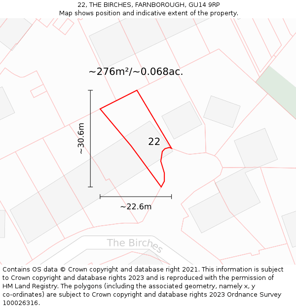 22, THE BIRCHES, FARNBOROUGH, GU14 9RP: Plot and title map