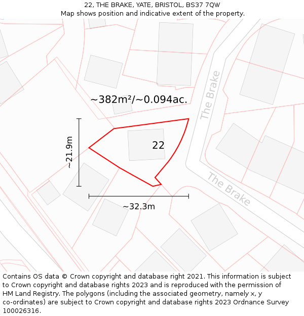 22, THE BRAKE, YATE, BRISTOL, BS37 7QW: Plot and title map