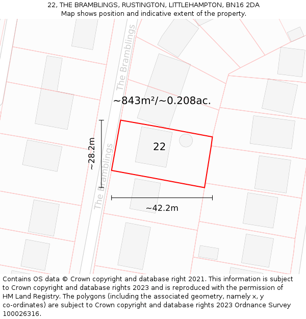 22, THE BRAMBLINGS, RUSTINGTON, LITTLEHAMPTON, BN16 2DA: Plot and title map