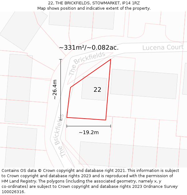 22, THE BRICKFIELDS, STOWMARKET, IP14 1RZ: Plot and title map