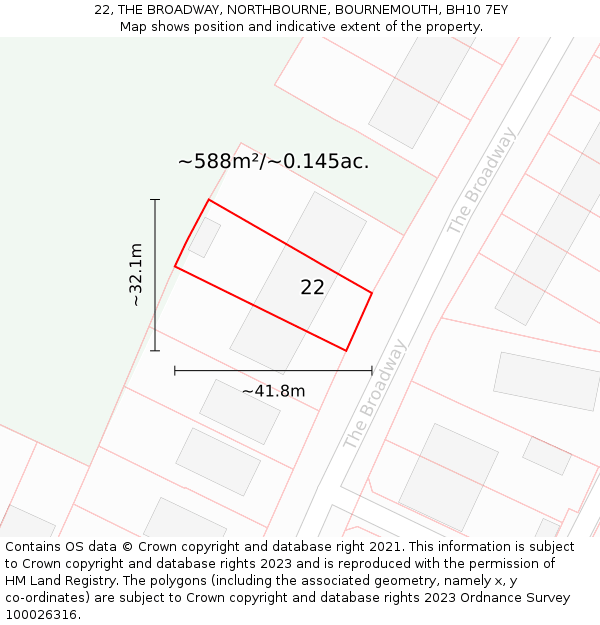 22, THE BROADWAY, NORTHBOURNE, BOURNEMOUTH, BH10 7EY: Plot and title map