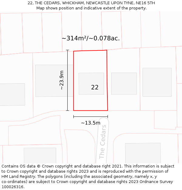 22, THE CEDARS, WHICKHAM, NEWCASTLE UPON TYNE, NE16 5TH: Plot and title map