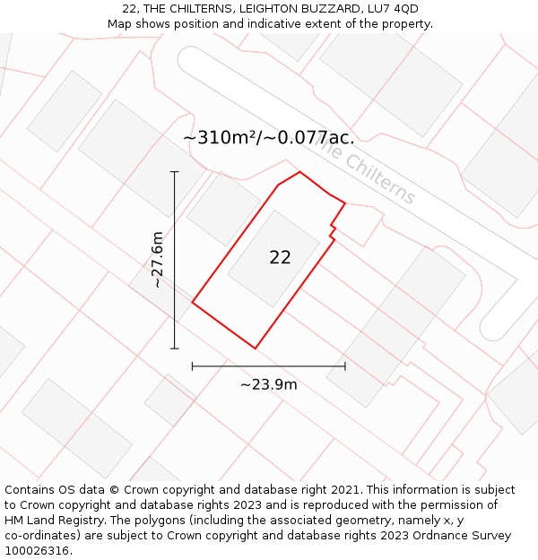 22, THE CHILTERNS, LEIGHTON BUZZARD, LU7 4QD: Plot and title map