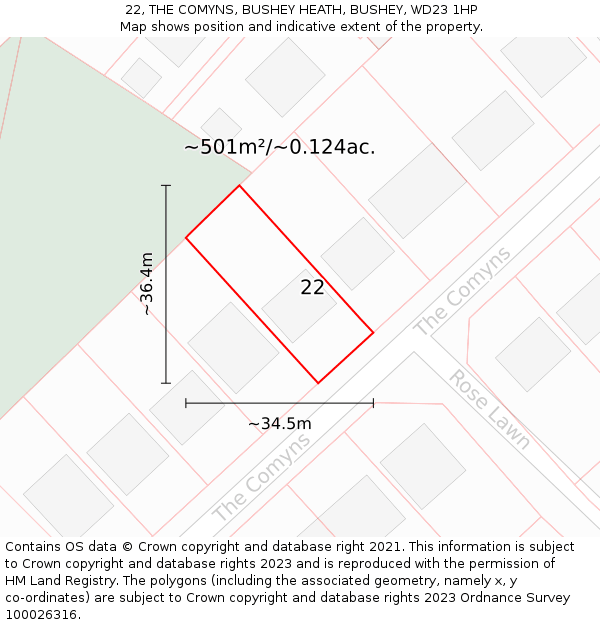 22, THE COMYNS, BUSHEY HEATH, BUSHEY, WD23 1HP: Plot and title map