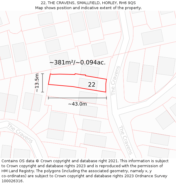 22, THE CRAVENS, SMALLFIELD, HORLEY, RH6 9QS: Plot and title map