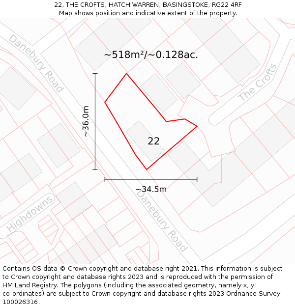 22, THE CROFTS, HATCH WARREN, BASINGSTOKE, RG22 4RF: Plot and title map