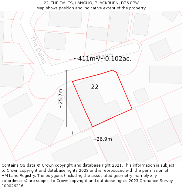 22, THE DALES, LANGHO, BLACKBURN, BB6 8BW: Plot and title map