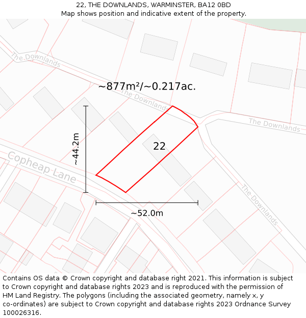 22, THE DOWNLANDS, WARMINSTER, BA12 0BD: Plot and title map