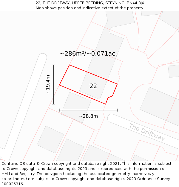 22, THE DRIFTWAY, UPPER BEEDING, STEYNING, BN44 3JX: Plot and title map