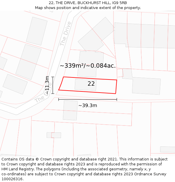 22, THE DRIVE, BUCKHURST HILL, IG9 5RB: Plot and title map