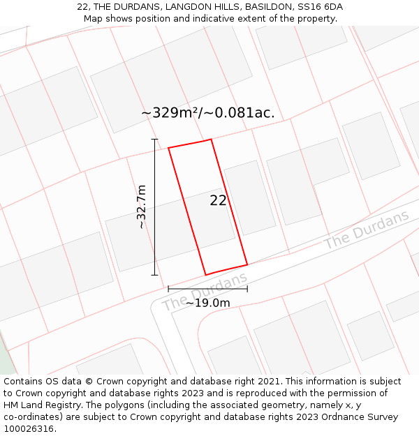 22, THE DURDANS, LANGDON HILLS, BASILDON, SS16 6DA: Plot and title map