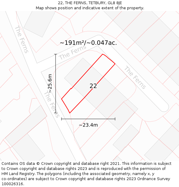 22, THE FERNS, TETBURY, GL8 8JE: Plot and title map