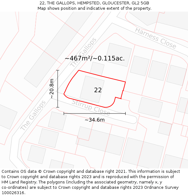 22, THE GALLOPS, HEMPSTED, GLOUCESTER, GL2 5GB: Plot and title map