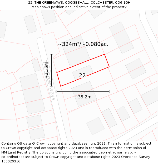 22, THE GREENWAYS, COGGESHALL, COLCHESTER, CO6 1QH: Plot and title map