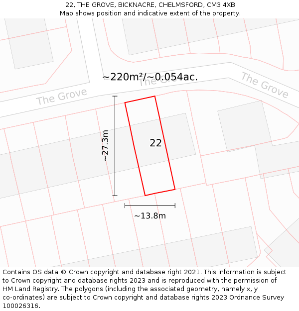 22, THE GROVE, BICKNACRE, CHELMSFORD, CM3 4XB: Plot and title map