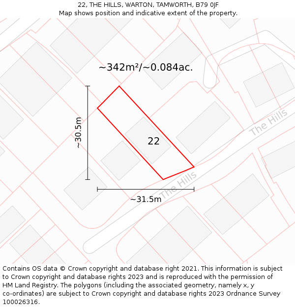 22, THE HILLS, WARTON, TAMWORTH, B79 0JF: Plot and title map