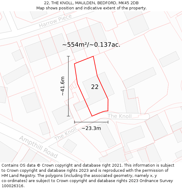22, THE KNOLL, MAULDEN, BEDFORD, MK45 2DB: Plot and title map
