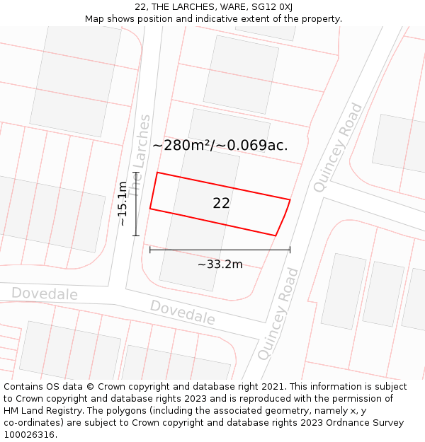 22, THE LARCHES, WARE, SG12 0XJ: Plot and title map