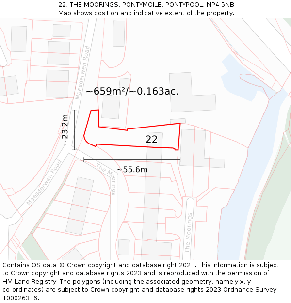 22, THE MOORINGS, PONTYMOILE, PONTYPOOL, NP4 5NB: Plot and title map