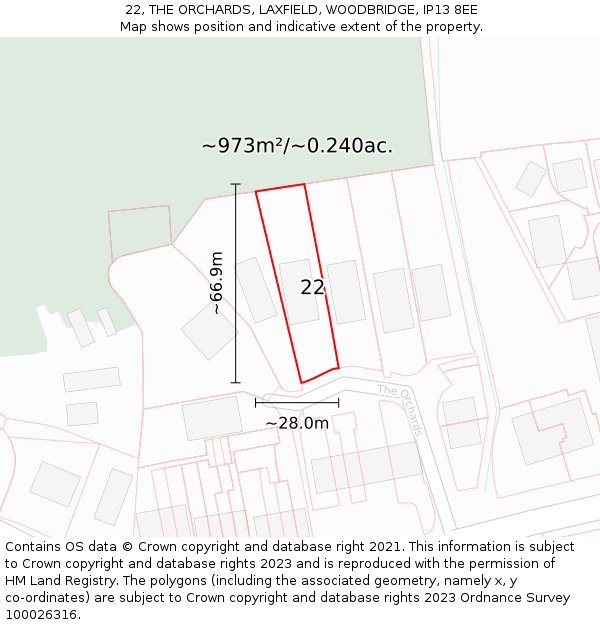 22, THE ORCHARDS, LAXFIELD, WOODBRIDGE, IP13 8EE: Plot and title map