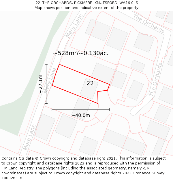 22, THE ORCHARDS, PICKMERE, KNUTSFORD, WA16 0LS: Plot and title map