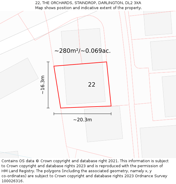 22, THE ORCHARDS, STAINDROP, DARLINGTON, DL2 3XA: Plot and title map