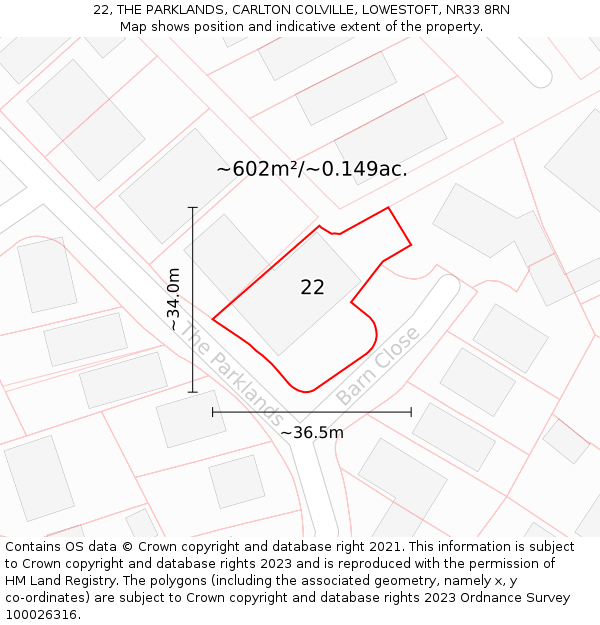 22, THE PARKLANDS, CARLTON COLVILLE, LOWESTOFT, NR33 8RN: Plot and title map