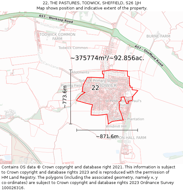 22, THE PASTURES, TODWICK, SHEFFIELD, S26 1JH: Plot and title map