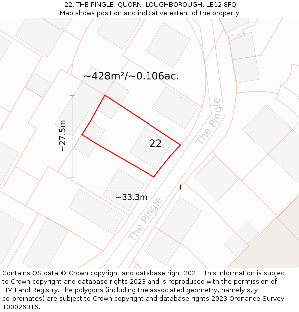 22, THE PINGLE, QUORN, LOUGHBOROUGH, LE12 8FQ: Plot and title map