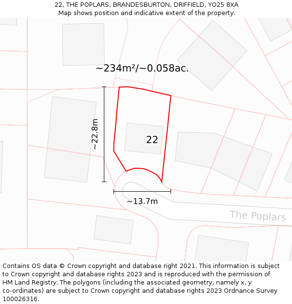 22, THE POPLARS, BRANDESBURTON, DRIFFIELD, YO25 8XA: Plot and title map