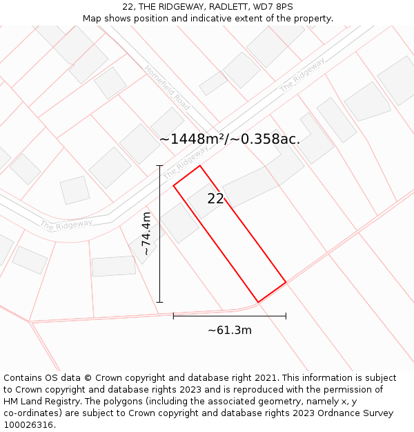 22, THE RIDGEWAY, RADLETT, WD7 8PS: Plot and title map