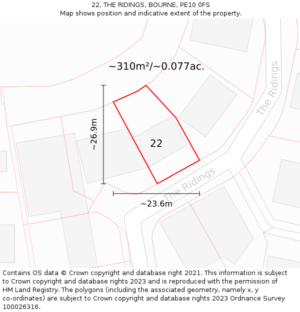 22, THE RIDINGS, BOURNE, PE10 0FS: Plot and title map