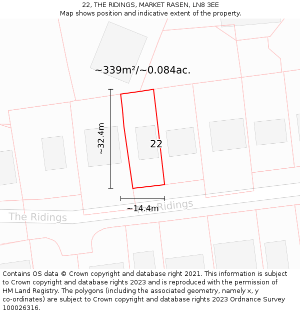 22, THE RIDINGS, MARKET RASEN, LN8 3EE: Plot and title map