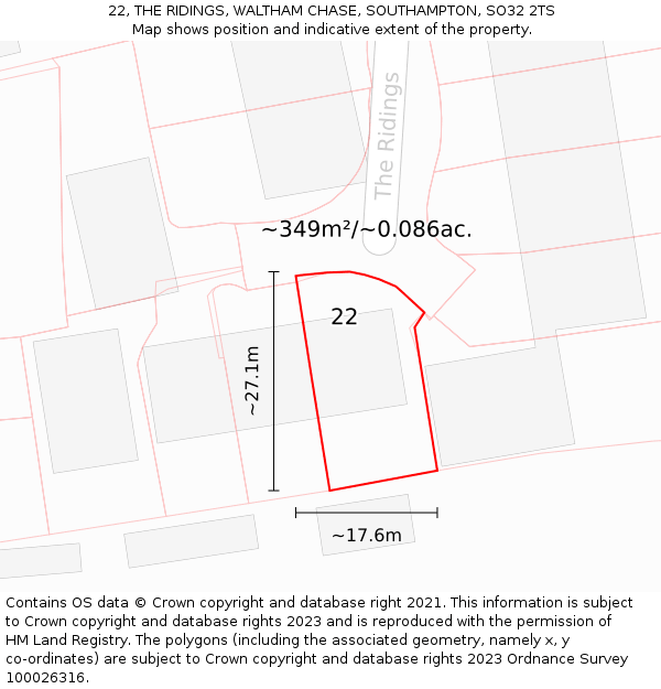 22, THE RIDINGS, WALTHAM CHASE, SOUTHAMPTON, SO32 2TS: Plot and title map