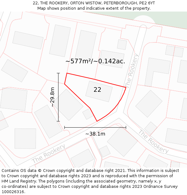 22, THE ROOKERY, ORTON WISTOW, PETERBOROUGH, PE2 6YT: Plot and title map